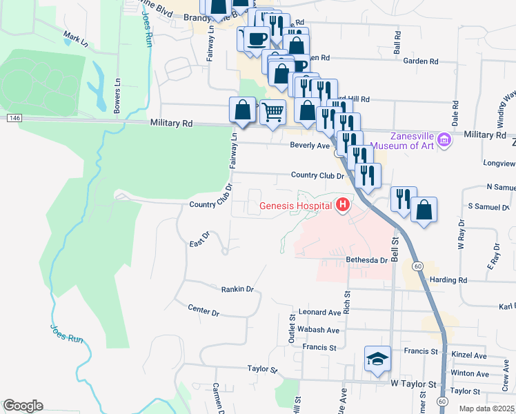 map of restaurants, bars, coffee shops, grocery stores, and more near C3 Fairway Lane in Zanesville