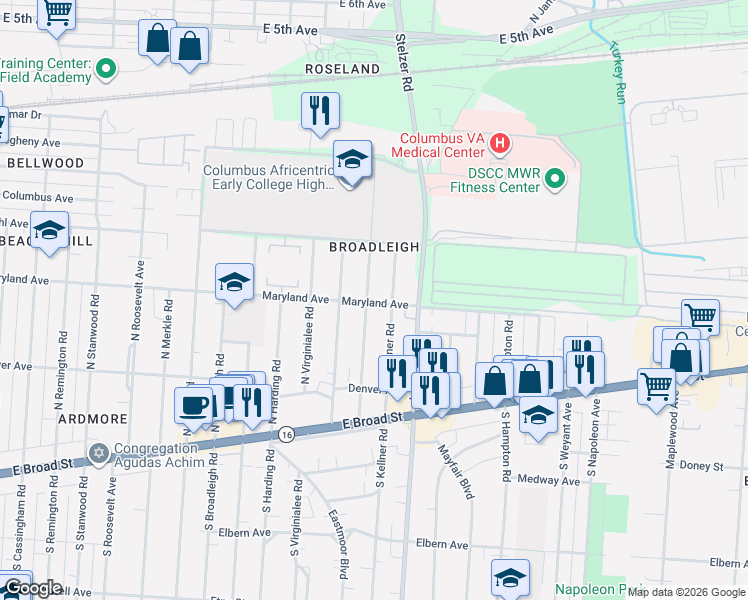 map of restaurants, bars, coffee shops, grocery stores, and more near 223 Lowell Road in Columbus