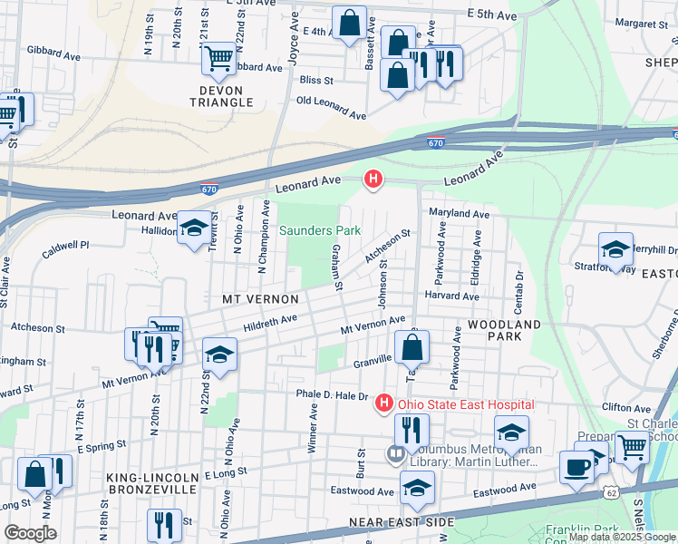 map of restaurants, bars, coffee shops, grocery stores, and more near 476 Graham Street in Columbus