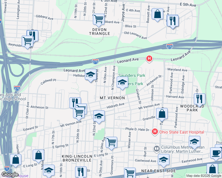 map of restaurants, bars, coffee shops, grocery stores, and more near 500 North Champion Avenue in Columbus
