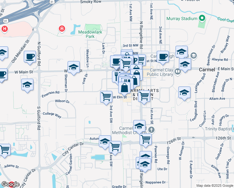 map of restaurants, bars, coffee shops, grocery stores, and more near 191 Monon Boulevard in Carmel