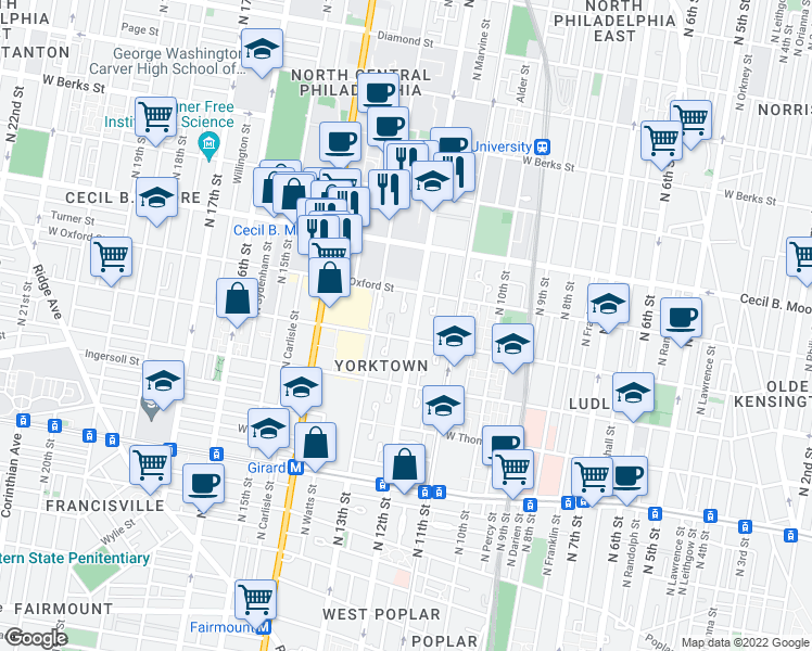 map of restaurants, bars, coffee shops, grocery stores, and more near 1512 North 12th Street in Philadelphia