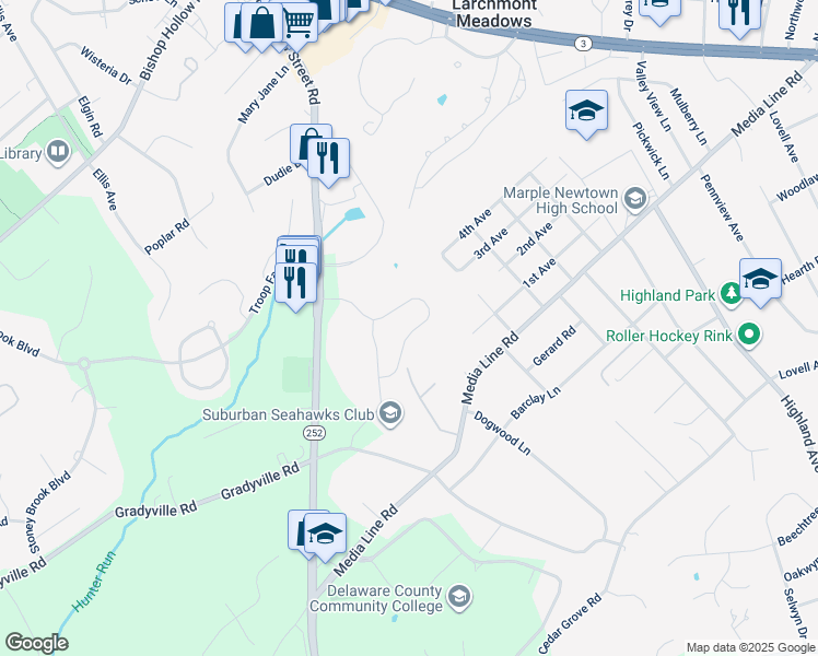 map of restaurants, bars, coffee shops, grocery stores, and more near 3530 Muirwood Drive in Newtown Square