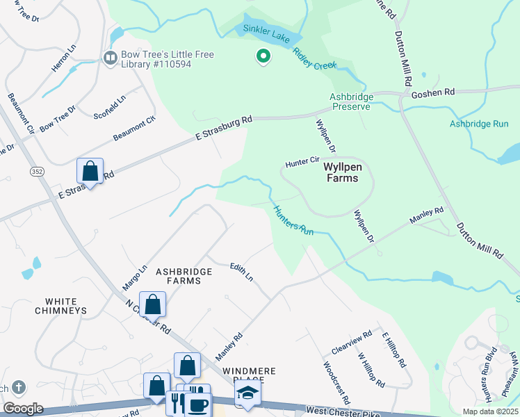 map of restaurants, bars, coffee shops, grocery stores, and more near 1661 Fox Crossing in West Chester