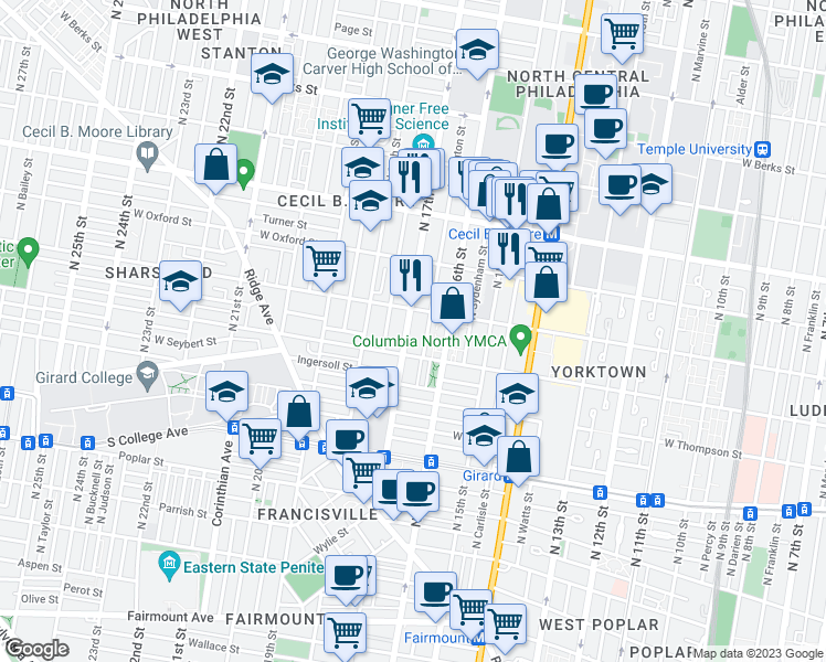 map of restaurants, bars, coffee shops, grocery stores, and more near 1427 North 17th Street in Philadelphia