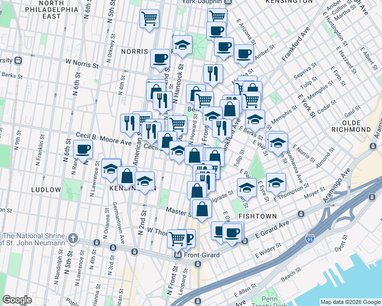 map of restaurants, bars, coffee shops, grocery stores, and more near 1739 North Howard Street in Philadelphia