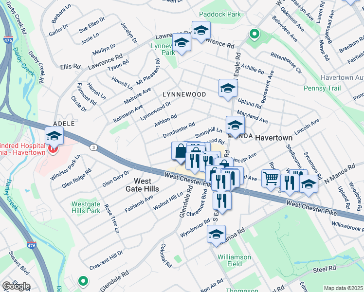 map of restaurants, bars, coffee shops, grocery stores, and more near 1437 Sunnyhill Lane in Havertown