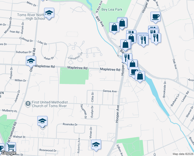 map of restaurants, bars, coffee shops, grocery stores, and more near 402 Bent Trail in Toms River