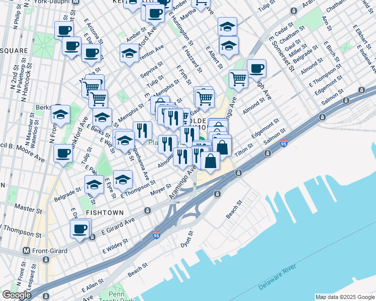 map of restaurants, bars, coffee shops, grocery stores, and more near 2624 East York Street in Philadelphia