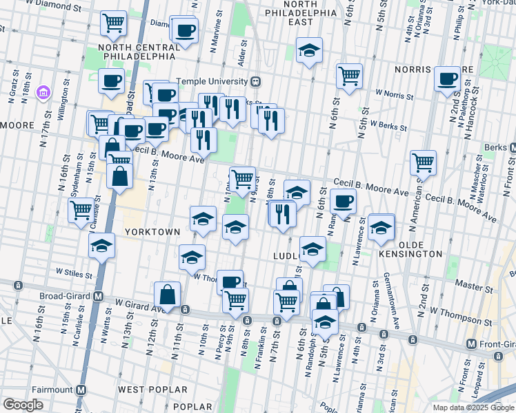 map of restaurants, bars, coffee shops, grocery stores, and more near 1554 North Darien Street in Philadelphia
