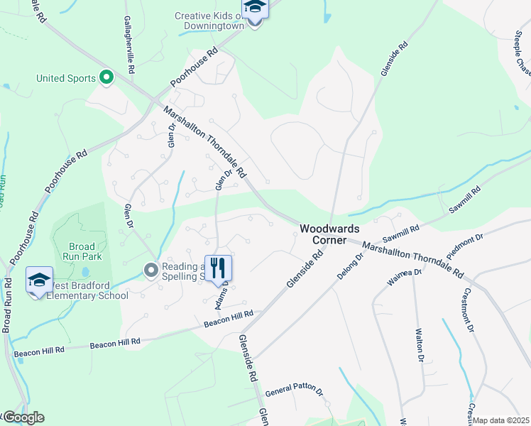 map of restaurants, bars, coffee shops, grocery stores, and more near 1301 Westminster Drive in Downingtown