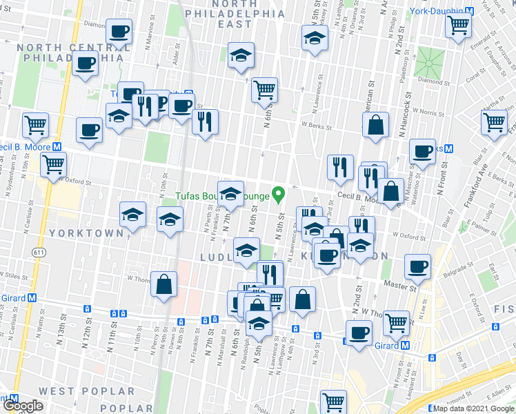 map of restaurants, bars, coffee shops, grocery stores, and more near 1605 North 6th Street in Philadelphia
