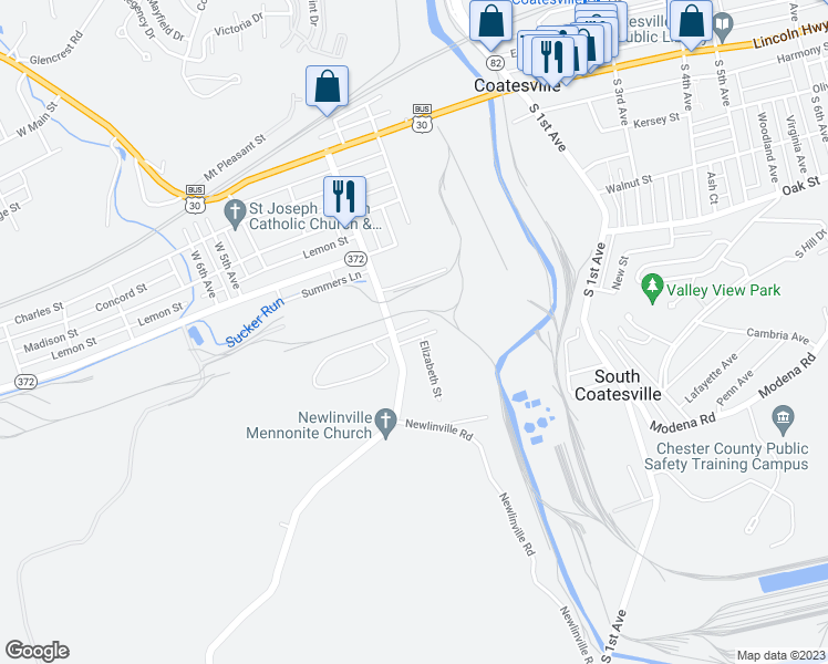 map of restaurants, bars, coffee shops, grocery stores, and more near 70 Gap Road in Coatesville