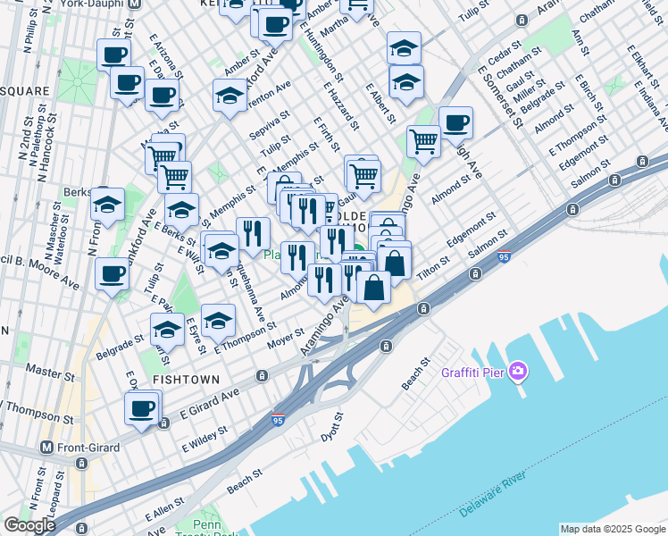 map of restaurants, bars, coffee shops, grocery stores, and more near 2624 East York Street in Philadelphia