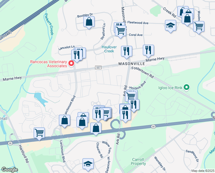map of restaurants, bars, coffee shops, grocery stores, and more near 1107 Coventry Way in Mount Laurel