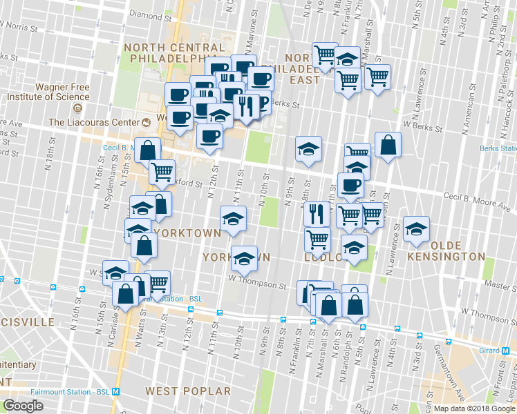 map of restaurants, bars, coffee shops, grocery stores, and more near 1538 North 10th Street in Philadelphia