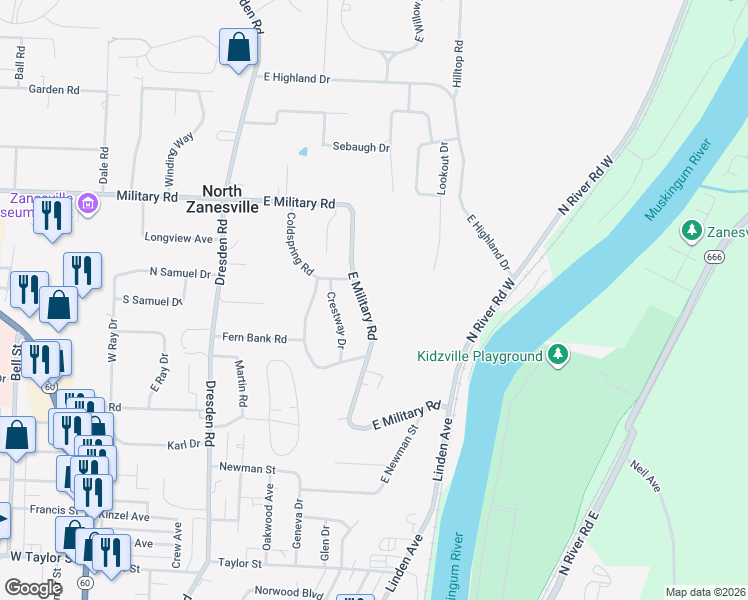 map of restaurants, bars, coffee shops, grocery stores, and more near 2890 East Military Road in Zanesville