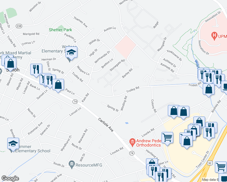 map of restaurants, bars, coffee shops, grocery stores, and more near 20 Ridgefield Court in Shiloh