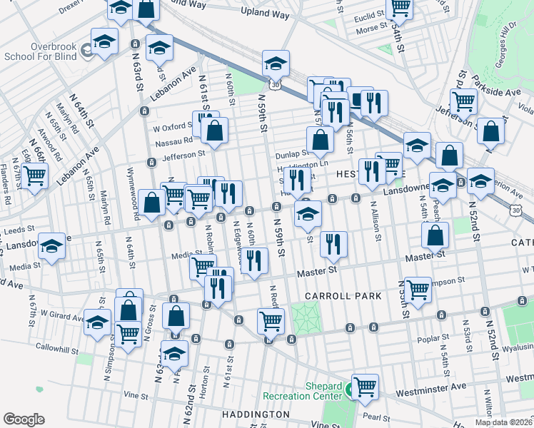 map of restaurants, bars, coffee shops, grocery stores, and more near in Philadelphia