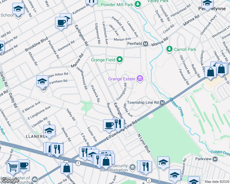map of restaurants, bars, coffee shops, grocery stores, and more near 217 Walnut Place in Havertown