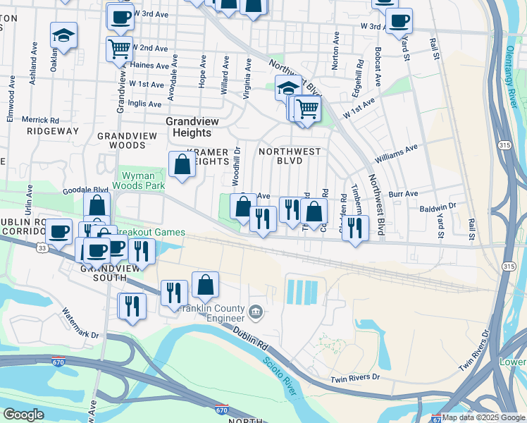 map of restaurants, bars, coffee shops, grocery stores, and more near 839 McClain Road in Columbus