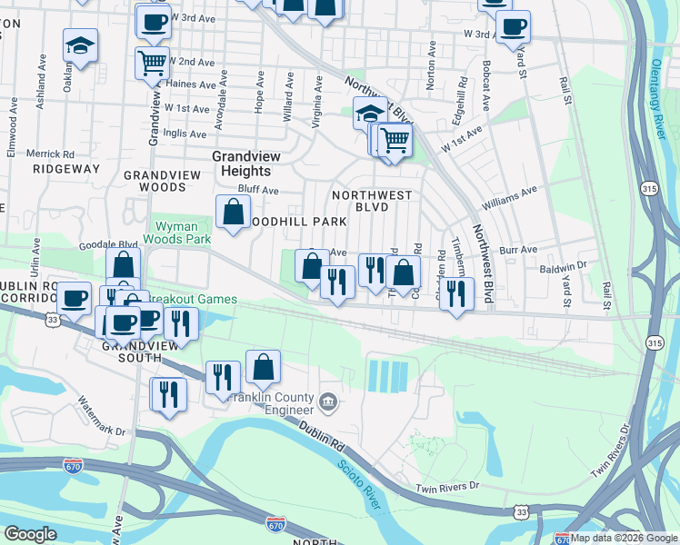 map of restaurants, bars, coffee shops, grocery stores, and more near 880 Palmer Road in Columbus