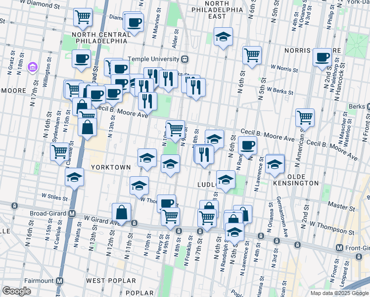 map of restaurants, bars, coffee shops, grocery stores, and more near 1554 North Darien Street in Philadelphia