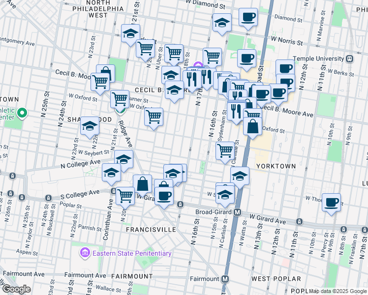 map of restaurants, bars, coffee shops, grocery stores, and more near 1684 West Jefferson Street in Philadelphia