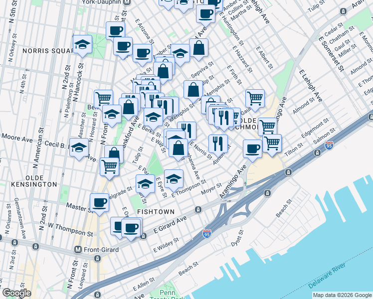 map of restaurants, bars, coffee shops, grocery stores, and more near Gaul St & E Susquehanna Ave in Philadelphia
