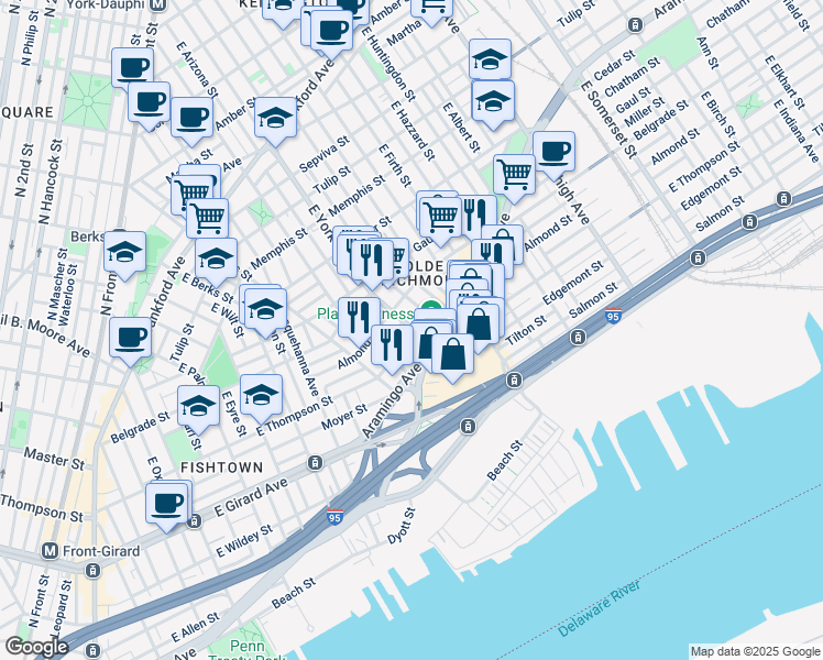 map of restaurants, bars, coffee shops, grocery stores, and more near 2600 East Hagert Street in Philadelphia