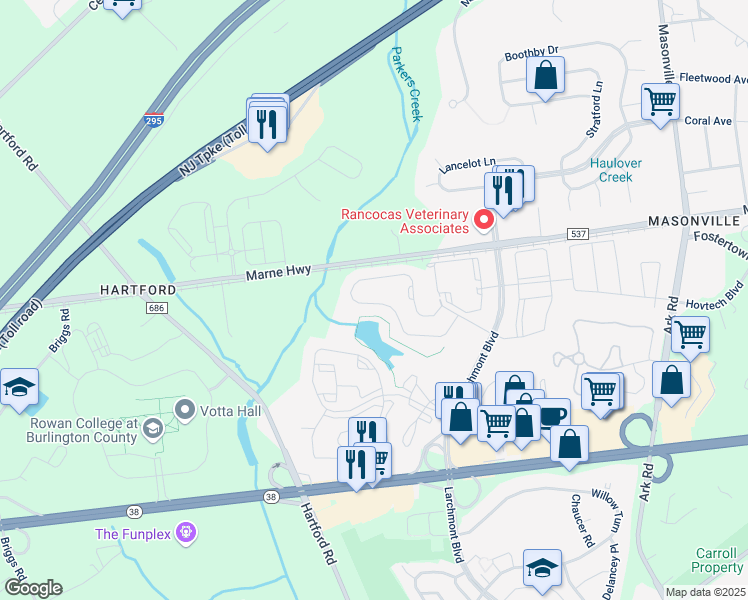 map of restaurants, bars, coffee shops, grocery stores, and more near 7701A Normandy Drive in Mount Laurel Township