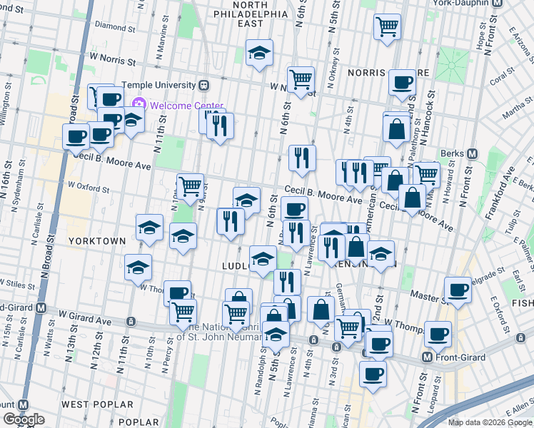 map of restaurants, bars, coffee shops, grocery stores, and more near 1636 North 6th Street in Philadelphia