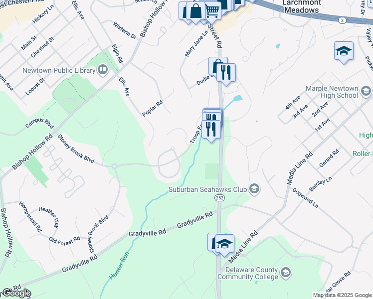 map of restaurants, bars, coffee shops, grocery stores, and more near 302 Arthur Court in Newtown Square