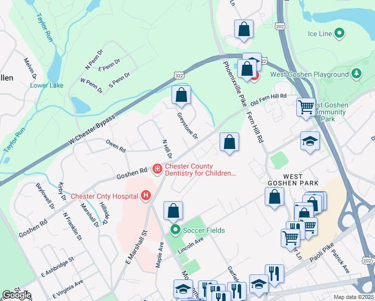 map of restaurants, bars, coffee shops, grocery stores, and more near 904 Sylvania Lane in West Chester