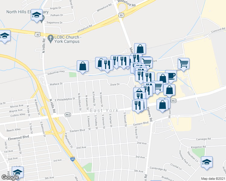 map of restaurants, bars, coffee shops, grocery stores, and more near 2139 East Philadelphia Street in York