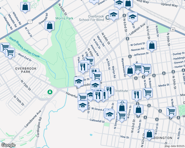 map of restaurants, bars, coffee shops, grocery stores, and more near 6609 Haddington Lane in Philadelphia