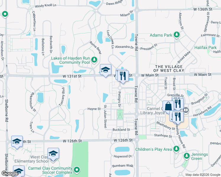 map of restaurants, bars, coffee shops, grocery stores, and more near 13096 Moultrie Street in Carmel
