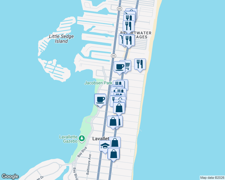 map of restaurants, bars, coffee shops, grocery stores, and more near 101 Kerr Avenue in Lavallette