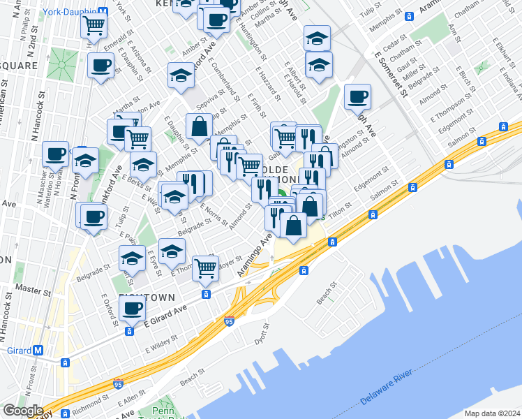 map of restaurants, bars, coffee shops, grocery stores, and more near 2618 East York Street in Philadelphia