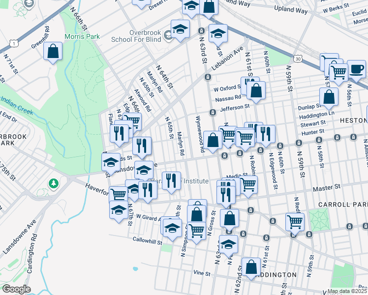 map of restaurants, bars, coffee shops, grocery stores, and more near 827 Marlyn Road in Philadelphia