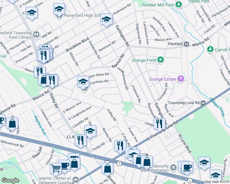 map of restaurants, bars, coffee shops, grocery stores, and more near 230 Pine Ridge Road in Havertown