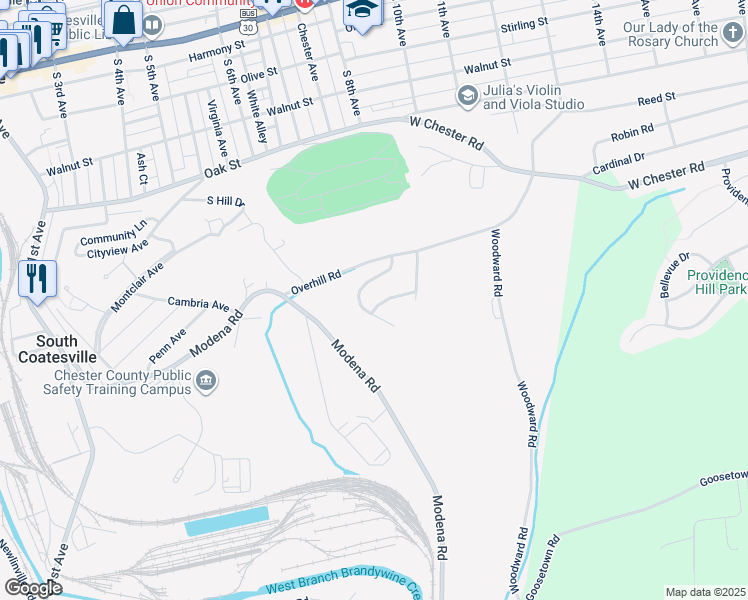 map of restaurants, bars, coffee shops, grocery stores, and more near 212 Kennedy Drive in Coatesville