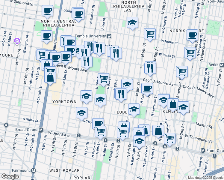 map of restaurants, bars, coffee shops, grocery stores, and more near 1559 North Darien Street in Philadelphia