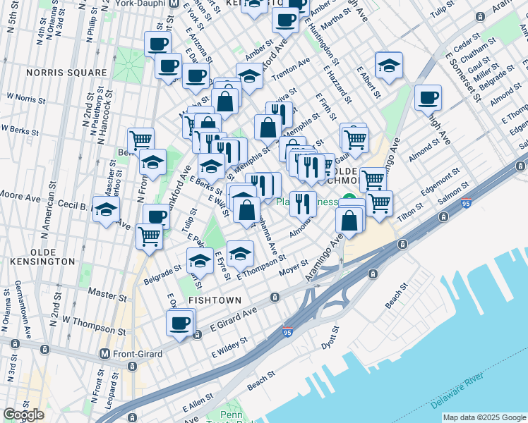 map of restaurants, bars, coffee shops, grocery stores, and more near 808 Gaul Street in Philadelphia