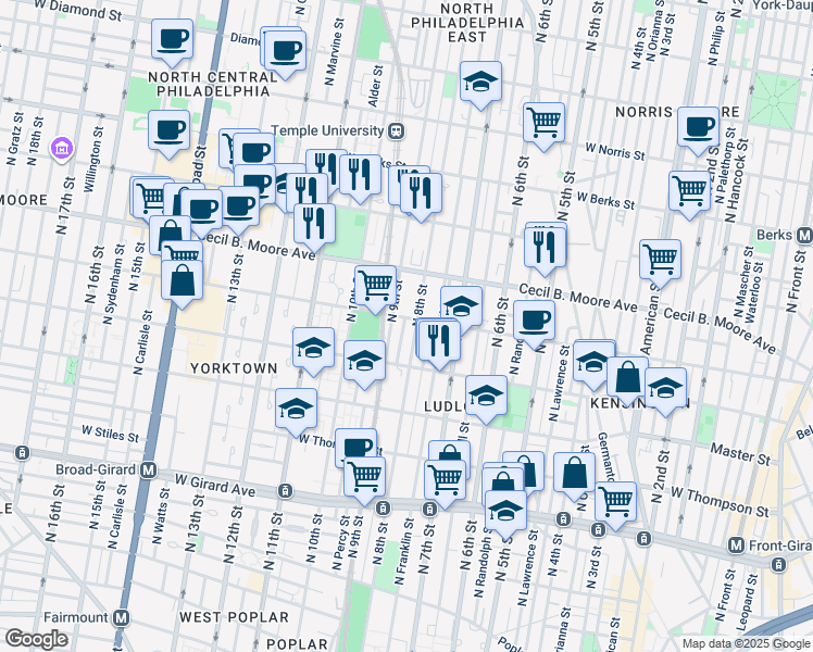 map of restaurants, bars, coffee shops, grocery stores, and more near 1559 North Darien Street in Philadelphia