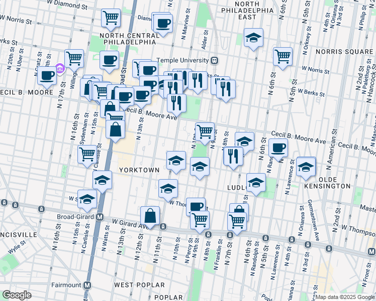 map of restaurants, bars, coffee shops, grocery stores, and more near 1538 North 10th Street in Philadelphia
