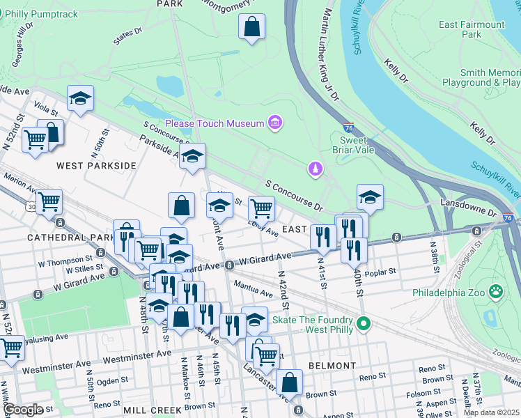 map of restaurants, bars, coffee shops, grocery stores, and more near 4211 Viola Street in Philadelphia