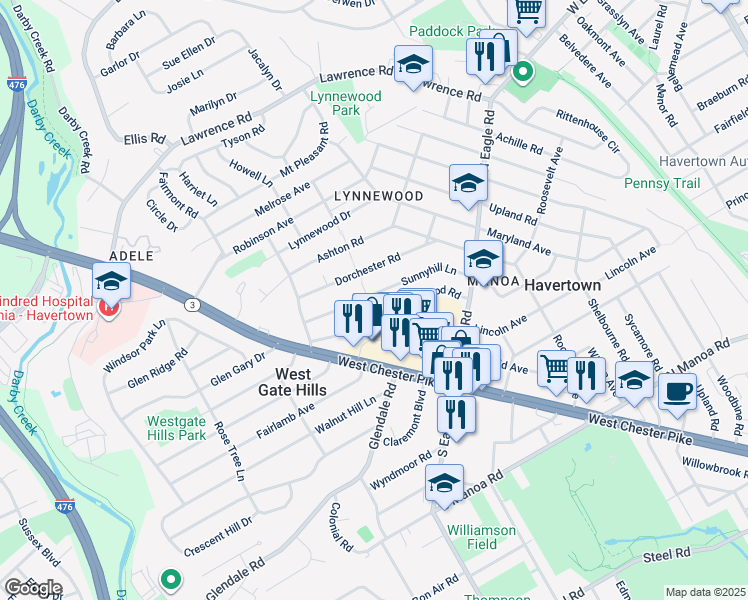 map of restaurants, bars, coffee shops, grocery stores, and more near 1437 Sunnyhill Lane in Havertown