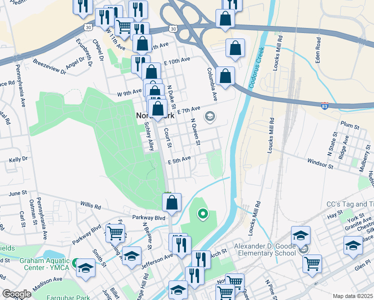 map of restaurants, bars, coffee shops, grocery stores, and more near 915 North Duke Street in York