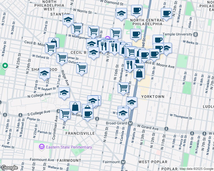 map of restaurants, bars, coffee shops, grocery stores, and more near 1424 Willington Street in Philadelphia